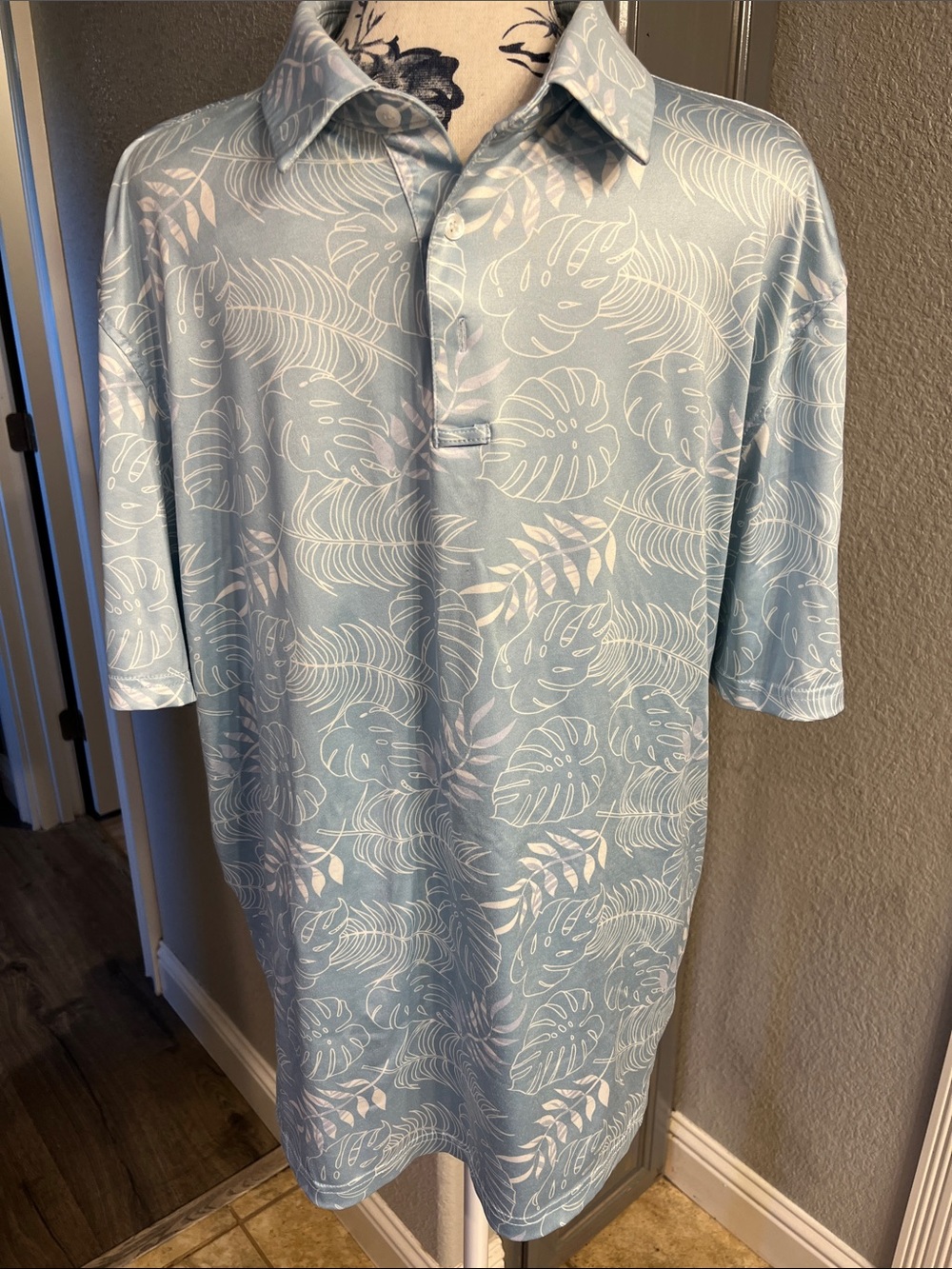 Men's Light Blue Tropical Print Polo Golf Shirt